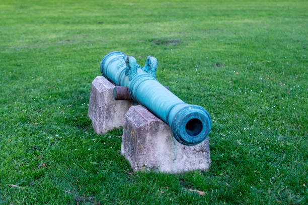 A blue cannon on a grassy field block.