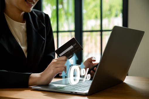 0%, Zero percent rate, Businesswoman using phone and pay by credit card, Installment payment, promotion, Shopping online with special offer of 0% interest.