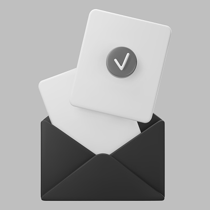 3d black open mail envelope icon with check mark isolated on grey background. Render approvement concept, email notification with document and check mark icon. 3d realistic vector.