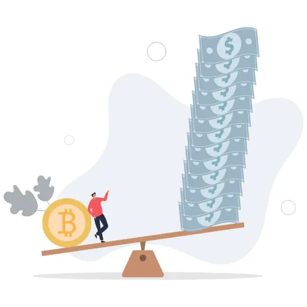 Vector illustration of Bitcoin and crypto currency store of value compare to dollar fiat money, inflation reduce fiat value or investment asset choice concept.