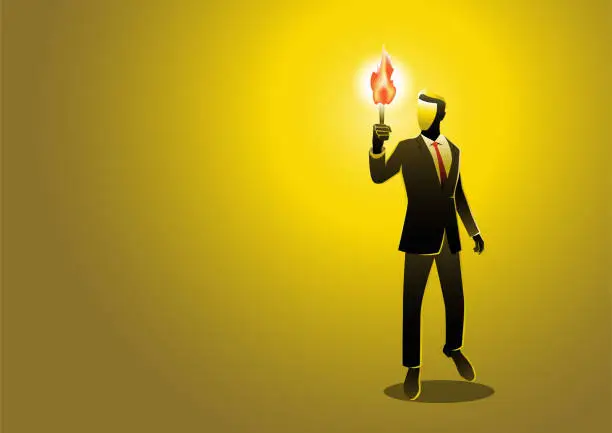 Vector illustration of A businessman walking in the dark holding a torch