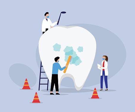 Stomatology dentists characters take care giant tooth vector illustration