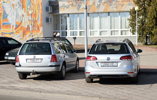 Belarus, Minsk -16.02.2024:Combi Volkswagen Golf MK7 and Volkswagen Golf IV parked in the parking lot. Volkswagen Golf VII.