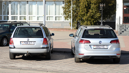 Belarus, Minsk -21.10.2023:Combi Volkswagen Golf MK7 and Volkswagen Golf IV parked in the parking lot. Volkswagen Golf VII.