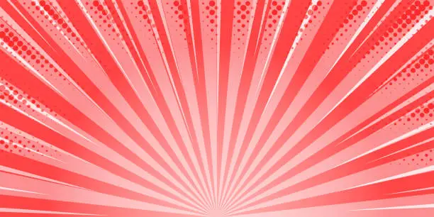 Vector illustration of Starburst red comic background. Superhero pop art vector cartoon banner. Striped sun rays retro wallpaper with halftone effect. Radial pink poster.