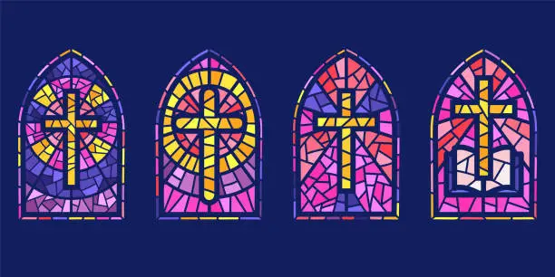 Vector illustration of Church glass windows. Stained mosaic catholic and Christian frames with cross. Vector gothic medieval arches on dark background