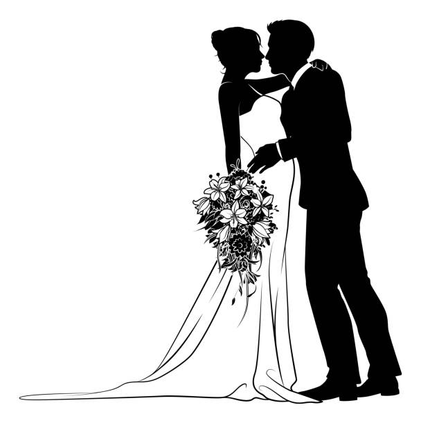 ilustraciones, imágenes clip art, dibujos animados e iconos de stock de bride and groom couple wedding dress silhouettes - dancing women wedding reception men