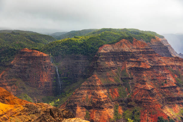 Rain and mist moving over majestic and colorful mountains and valleys. Photographed in Waimea Canyon, Kauai, Hawaii.
