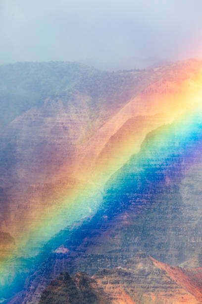 bright rainbow and mist moving over majestic and colorful mountains and valleys in hawaii - extreme terrain eroded snow landscape zdjęcia i obrazy z banku zdjęć