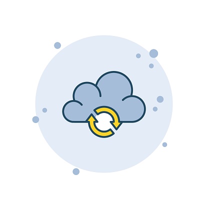 Cartoon cloud service recovery icon vector illustration. Backup of cloud on bubbles background. Data refresh sign concept.