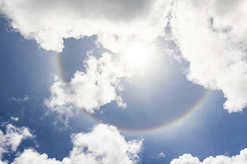 Rainbow halo around the sun with clouds