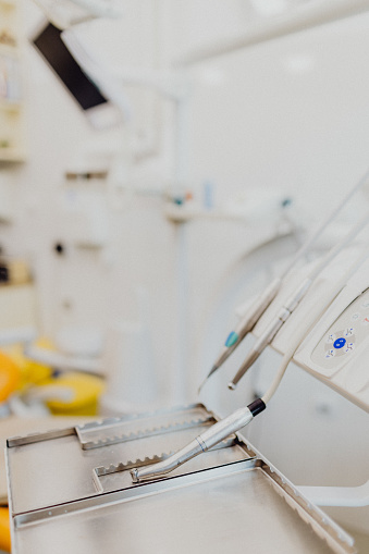 Close-up shot of dentist tools and equipment in dental office without people