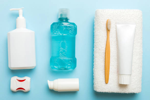istock Mockup for bathing products top view flat lay, spa razor, toothpaste, soap, gel and other various accessories. Cosmetics for skin health. Bath Mockup for your logo 2024750422