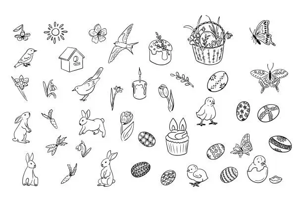 Vector illustration of Big Easter doodle set in hand drawn contour style