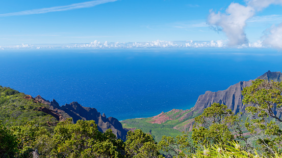 An aerial view of the Kalalau Valley and Na Pali Coast from the Kalalau Lookout in Kokee State Park, Hawaii