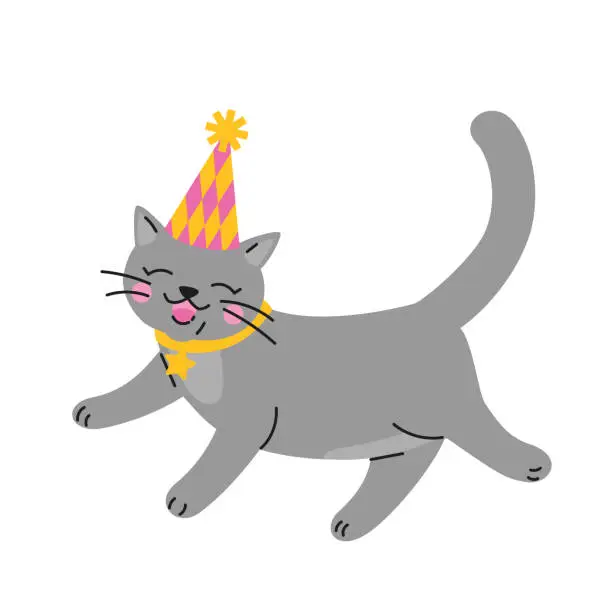Vector illustration of Cute cartoon grey cat wears party hat. Running happy kitten.
