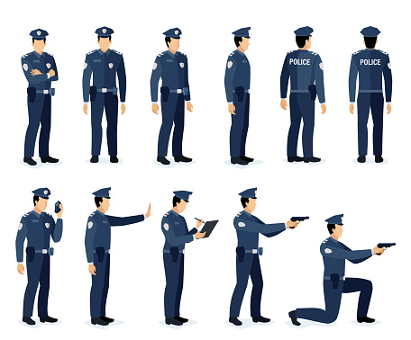 Explore a dynamic collection of cartoon police officer poses, featuring diverse characters in both office and street scenarios.