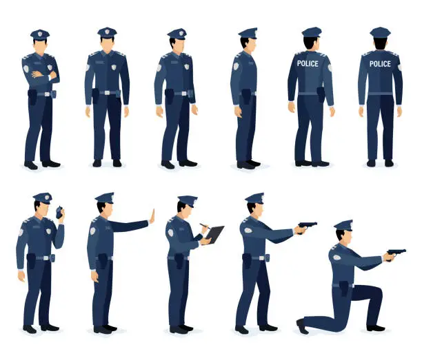 Vector illustration of Cartoon Police Officer Poses. Dynamic Set of Policeman Characters in Office and Street Scenarios.
