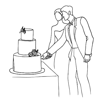 Bride and groom cutting wedding cake sketch art. hand drawn newlyweds cutting a cake holding a knife together