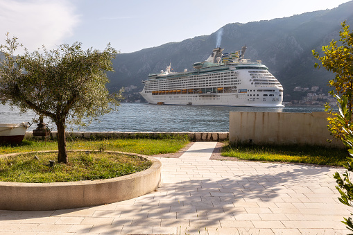 Kotor, Montenegro - September 20, 2023: Kotor Bay and Explorer of the Seas, Royal Caribbean cruise ship