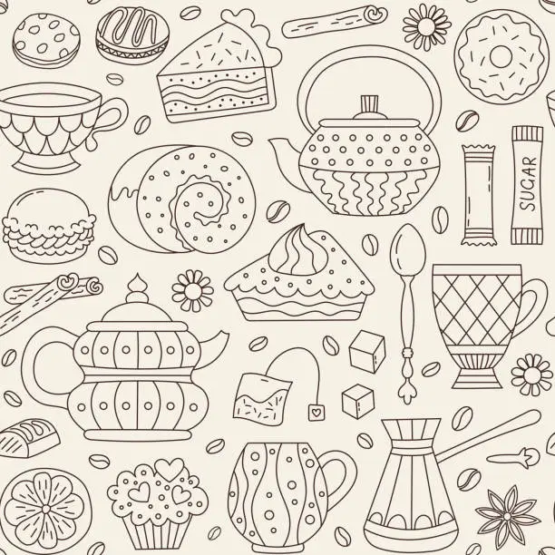 Vector illustration of Seamless pattern with tea, coffee, pastries and sweets. Doodle style vector.