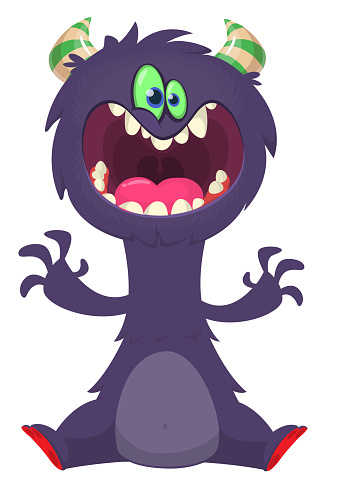 Cartoon happy monster with funny face expression sitting.  Vector illustration isolated on white. Great for Halloween party or package design.