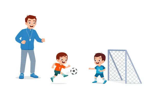 Vector illustration of young teacher give lesson to children soccer team