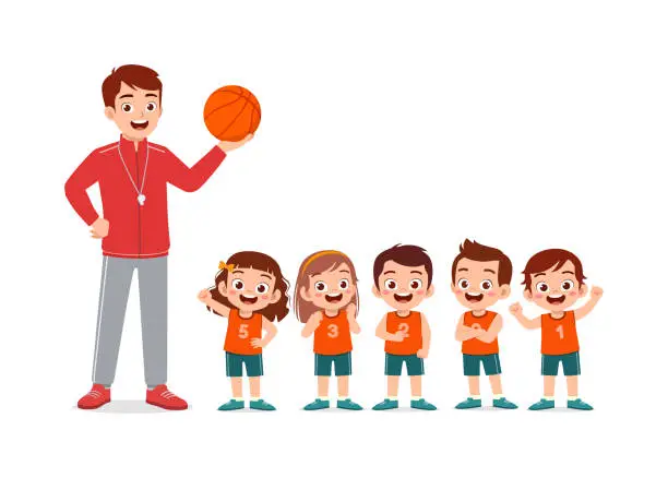 Vector illustration of young teacher give lesson to children basketball team