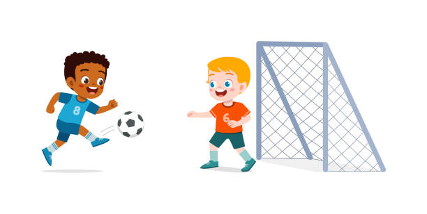 illustrations, cliparts, dessins animés et icônes de enfant jouer au football avec un ami ensemble - donner un coup de pied