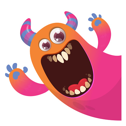 Cartoon scary monster with funny face expression waving hands . Vector illustration isolated on white. Halloween design.