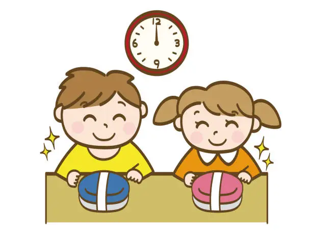 Vector illustration of Boys and girls looking forward to their lunch boxes_Early elementary school students_Toddlers