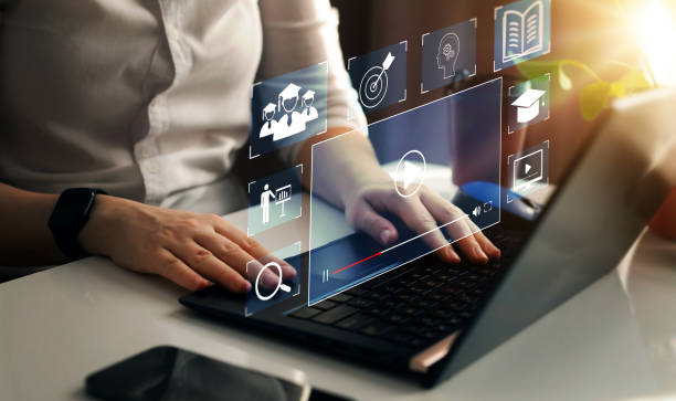 istock Education on internet Technology. E-learning education and internet lessons. Person who attends online lessons on a digital screen 2024811308