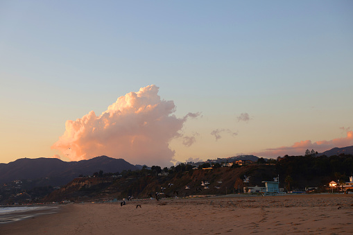 Beautiful Sunset and Pink Skies in the Coastline of Santa Monica Pier, Los Angeles