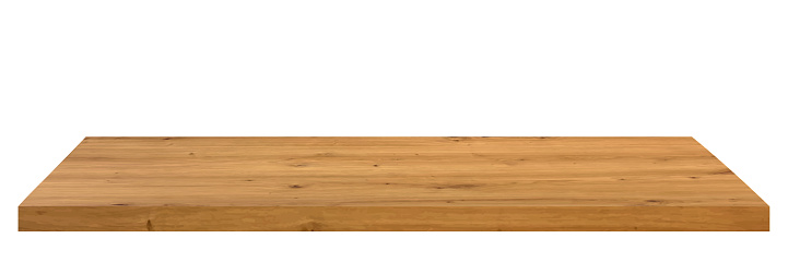 Wood table perspective background vector illustration. Wooden desk isolated on white backdrop with top front view. Realistic kitchen brown board. Rustic countertop of timber surface. Home furniture.