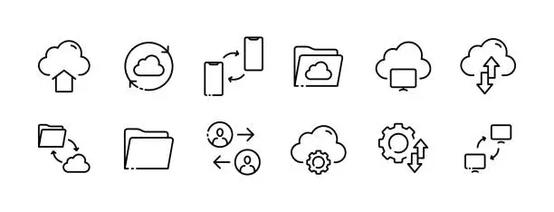 Vector illustration of Data transfer icon set. Cloud storage icons. Linear style. Vector icons