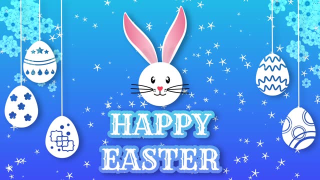swinging eggs, bunny and happy easter massage animation on gradient blue background