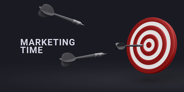 Marketing time concept. Targeting the business. Realistic 3d design red target and dart arrows. Vector illustration.