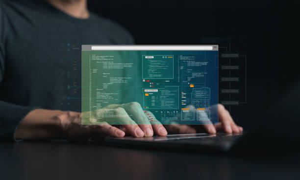 Computer software programmer or data engineering coding developer working on datum language. Information transformation development, blockchain database algorithm technology. Website programing design
