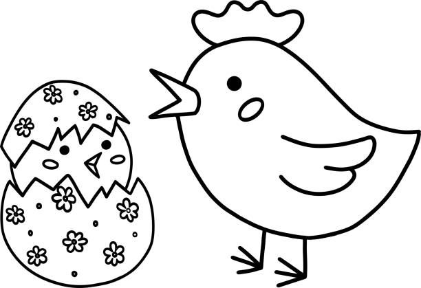 ilustrações, clipart, desenhos animados e ícones de ilustração vetorial de uma galinha com uma galinha eclodida de um ovo. ilustração do esboço da páscoa. uma ilustração para o dia das mães. uma imagem de estilo retrô para uma feliz páscoa. ilustração stock - eggs new life shape animals and pets