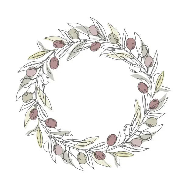 Vector illustration of Round wreath frame with olive branches and fruits, continuous line drawing. Hand drawn floral template, vector isolated illustration