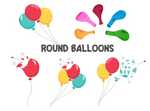 Flying balloon, popped balloon, uninflated balloon vector isolated on white background. Popped balloon clip art. Flat vector in cartoon style.