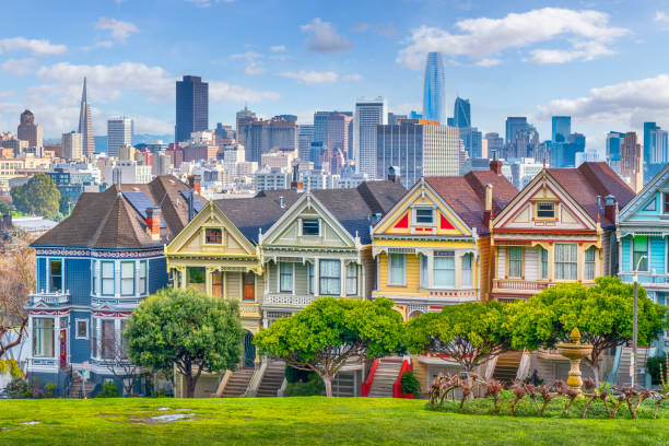 Buildings called Painted Ladies and Downtown of San Francisco stock photo