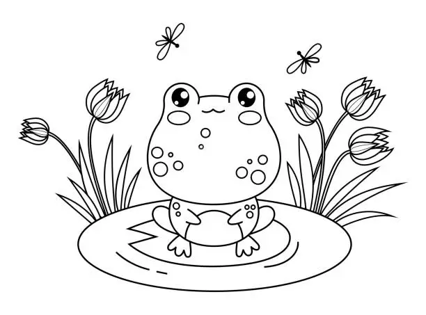 Vector illustration of Cute frog on leaf in water with flowers. Animal outline kawaii character. Vector illustration. Line drawing, coloring book. Kids collection.