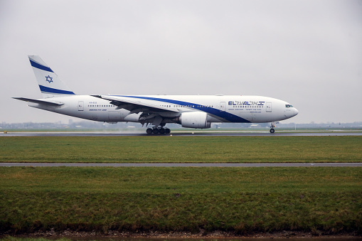 4X-ECE El Al Israel Airlines Boeing  777 aircraft makes a landing on Polderbaan upon arrival at Amsterdam Schiphol airport Netherlands