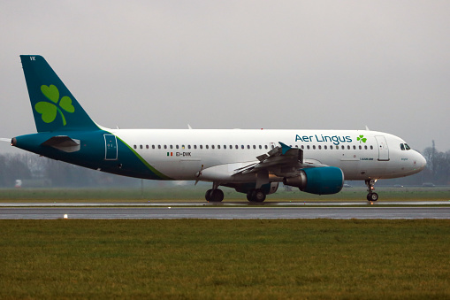 EI-DVK Aer Lingus Airbus A320-214 aircraft makes a landing on Polderbaan upon arrival at Amsterdam Schiphol airport netherlands
