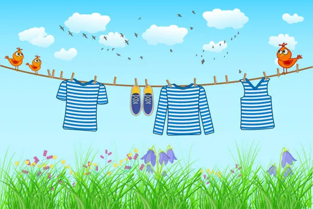 Vector illustration of Striped shirt hang on the rope on sky and grass background. Laundry hanging on washing line on sunny day.