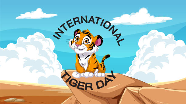 niedliches tigerjunges auf einem felsen, blauer himmelshintergrund - babytiger stock-grafiken, -clipart, -cartoons und -symbole