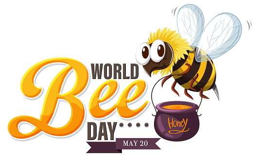 Cartoon bee with honey pot marking World Bee Day