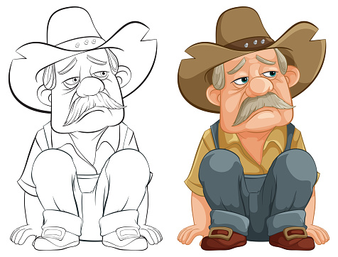 Two cartoon cowboys looking disappointed and upset.