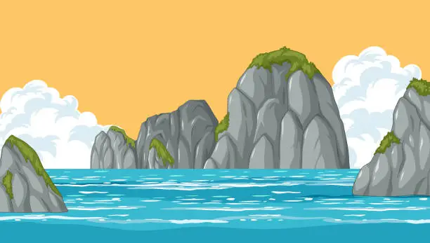 Vector illustration of Vector artwork of cliffs by a tranquil sea
